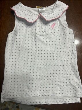White Polka Dot Sleeveless Polo Top with Pink Trim